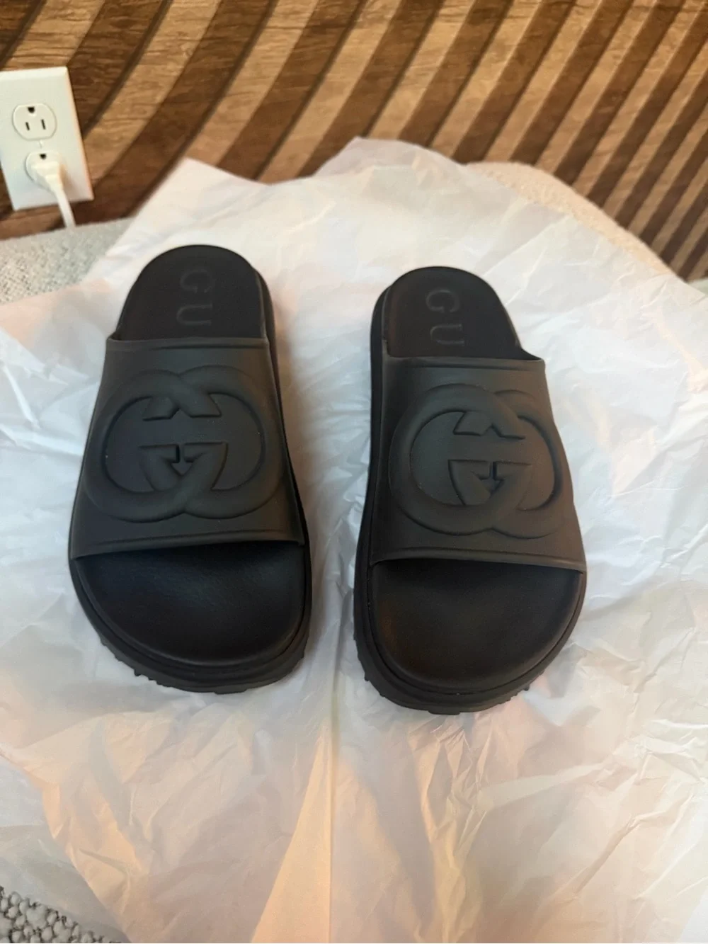 Gucci Black Platform Slide Sandals with Embossed GG